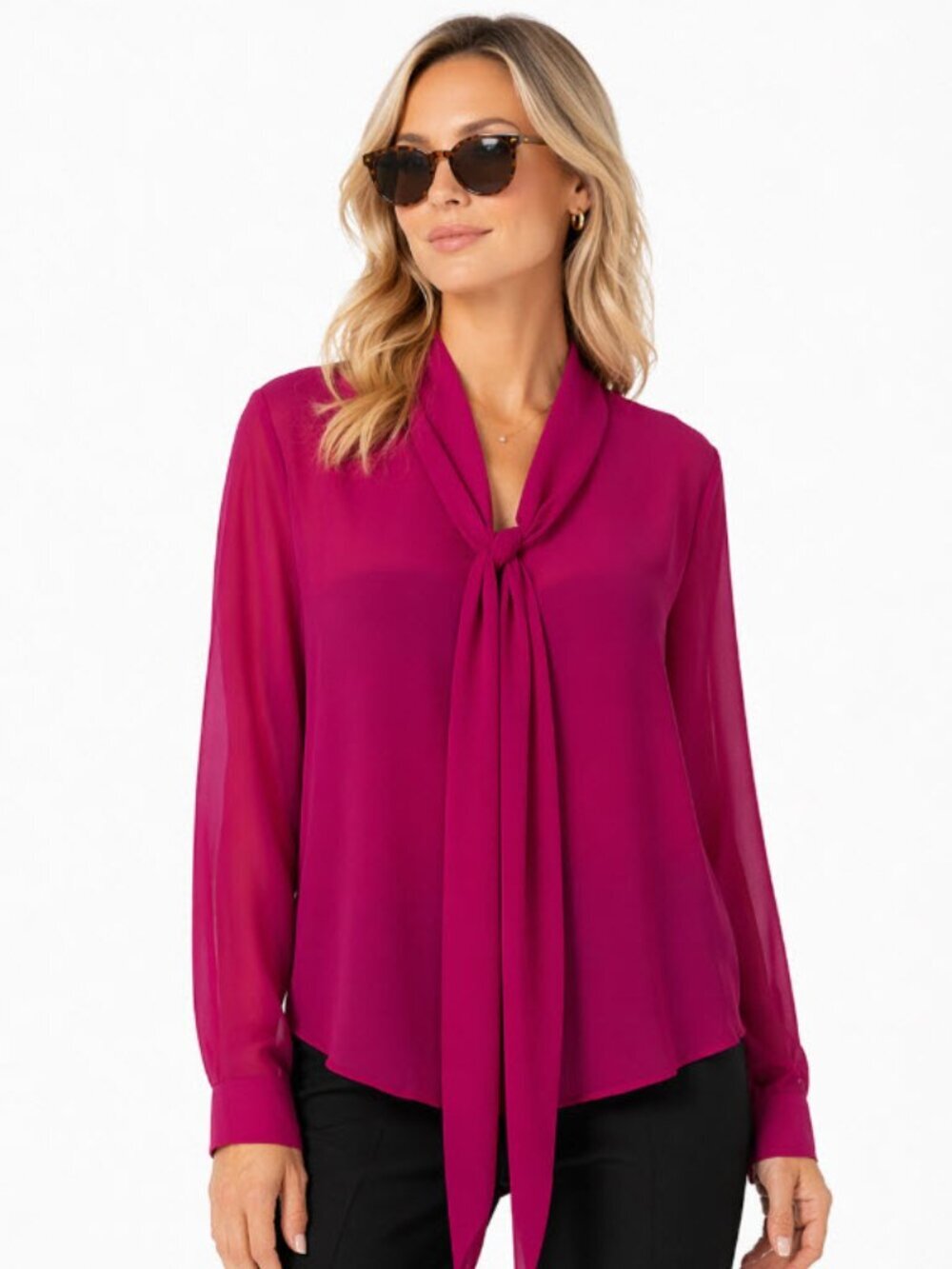 Marc Cain Tie-Neck Blouse Fuchsia Long Sleeve Flowy Top Sz 6